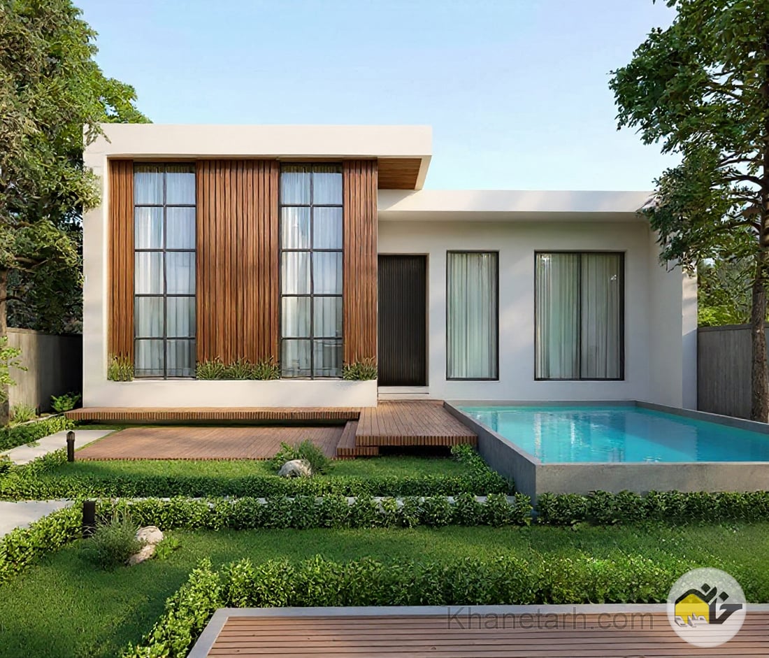 نمای ویلای مدرن با میکروسمنت و چوب نقشه ویلای مدرن