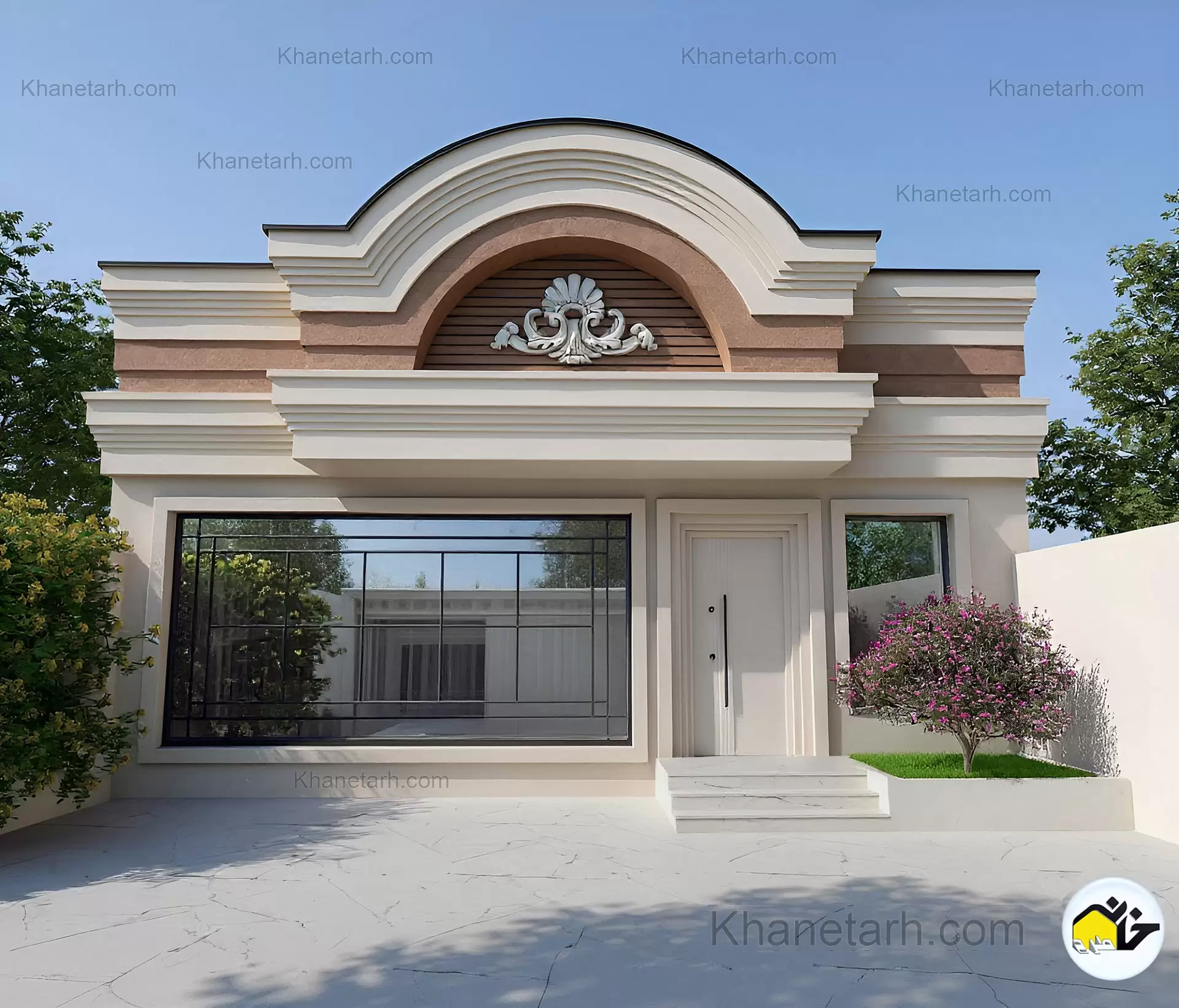 نمای ساختمان یک طبقه نئوکلاسیک لوکس با قوس در بدنه اصلی ساختمان یک طبقه نئوکلاسیک