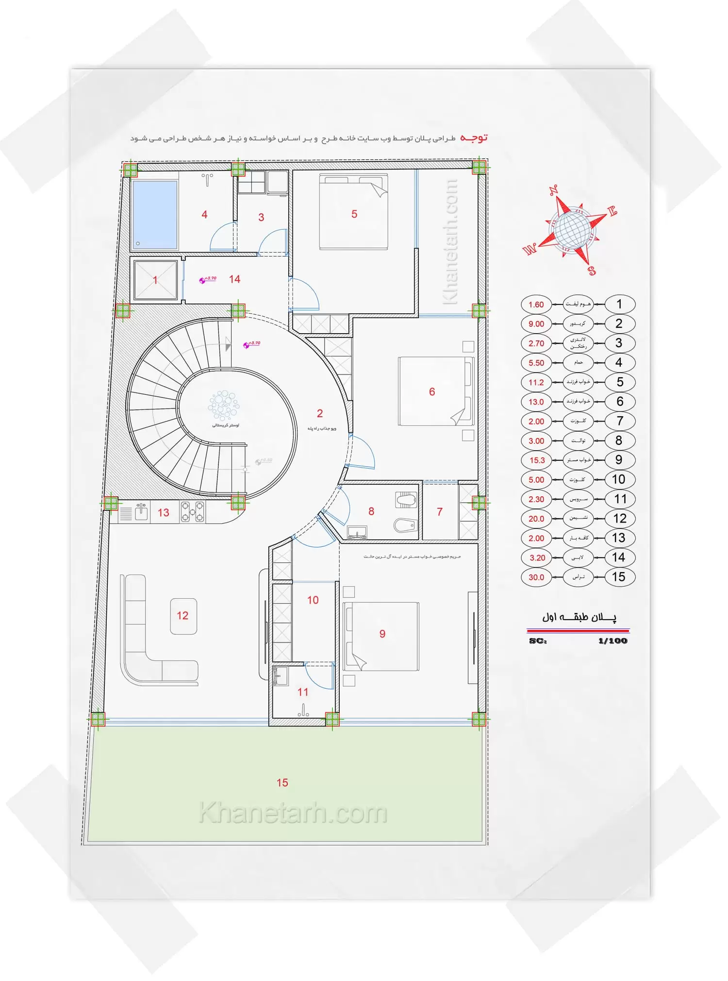 پلان معماری طبقه همکف نقشه ویلا دوبلکس 170 متری